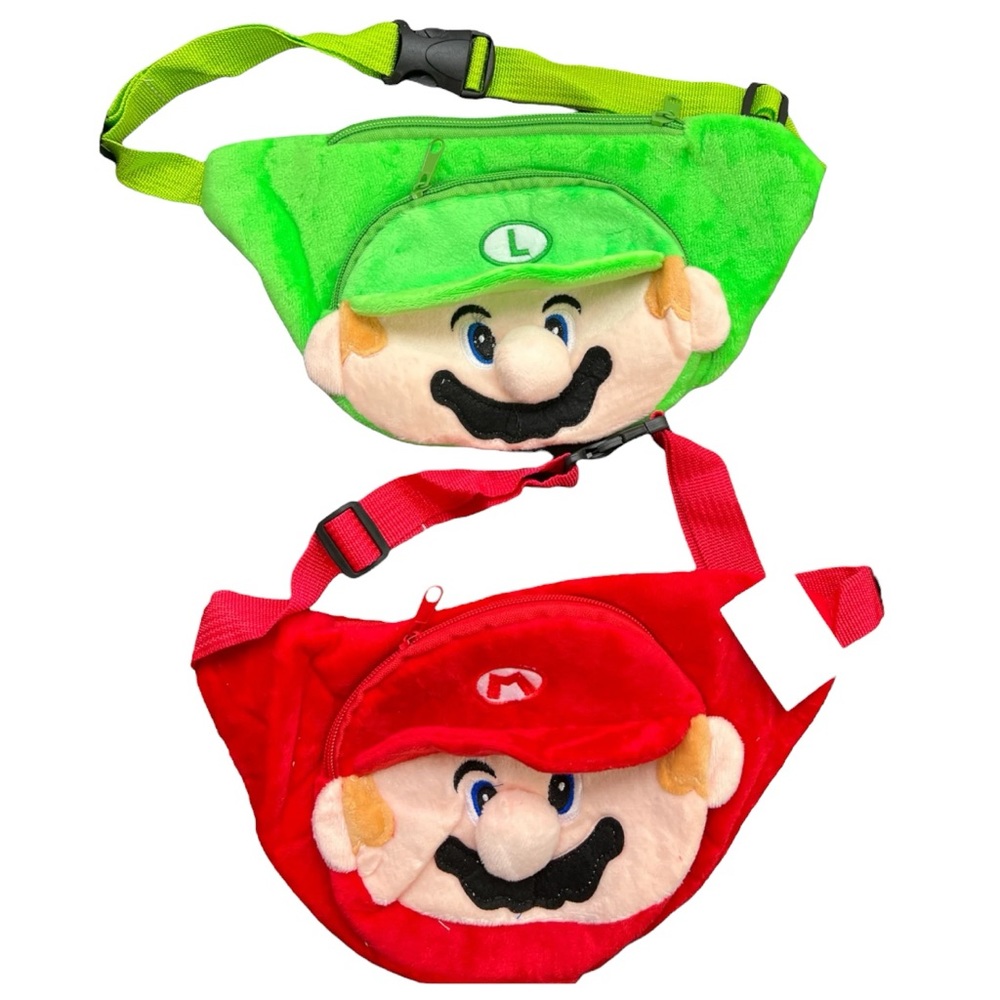NEW!! Mario +Luigi 3D Plush Adjustable,2-Pocket Fanny packs 2-pc Set-SET PRICE